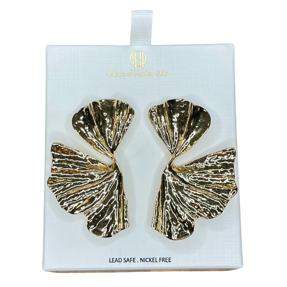 House of Harlow 1960 Gold Twisted Ginkgo Leaf Statement Earrings - Picture 3 of 8
